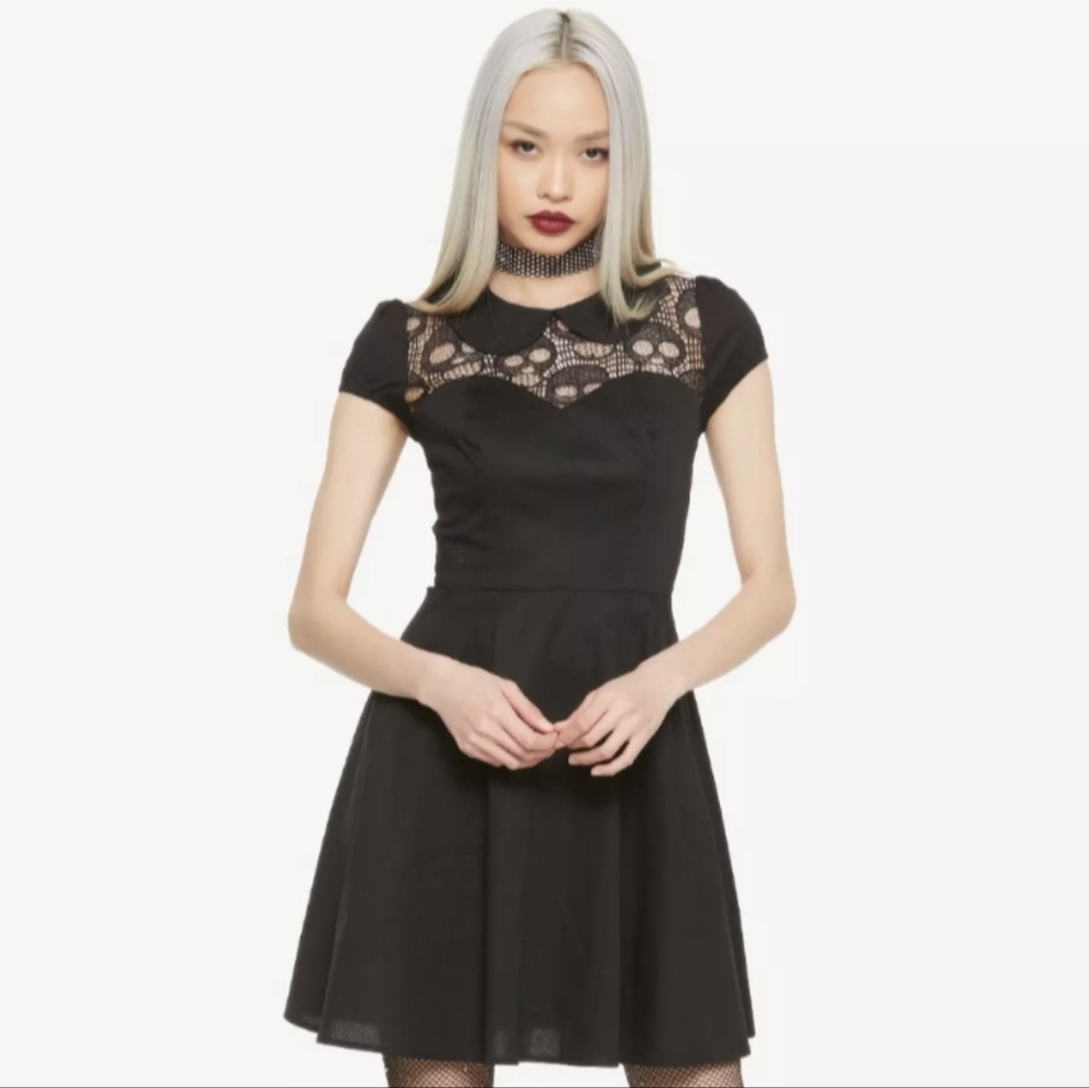 Hell Bunny Goth Pin Up Vintage Retro Black Cotton Collar Dress Lace Skull Loli